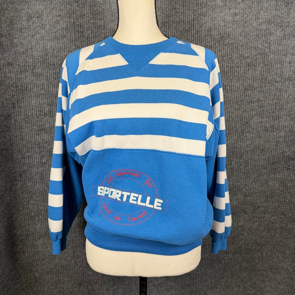 Vintage 80s Sportelle Striped Sweatshirt S Blue White Oversized Dolman Preppy